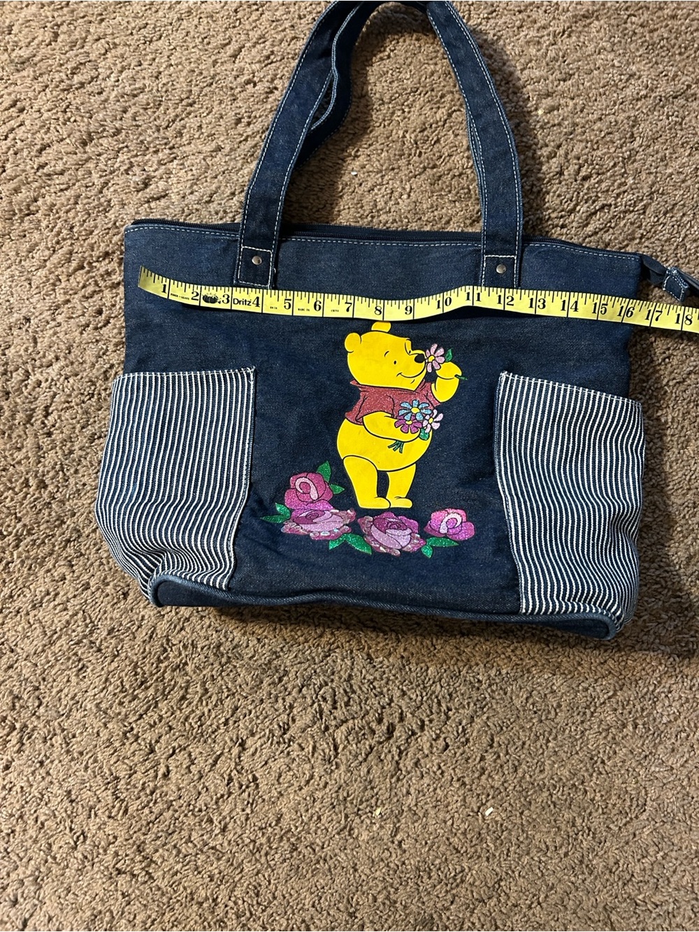 Vintage Disney Winnie the Pooh Navy Denim Tote Bag with Floral Print Y2K - Picture 5 of 5